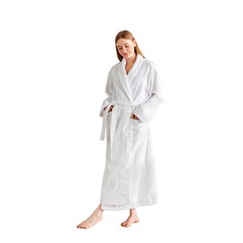 Serenhom Women’s Plush Fleece Bathrobe – Fluffy Stripe Shaggy 3D Design, Warm and Soft Flannel Long Robe for Spa and Relaxation, White, Large