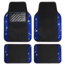 CAR PASS Bling Rhinestones Diamond Car Floor Mat,Sparkly Glitter Shining Crystal Carpet Anti-Slip PVC Heel Pad Waterproof Universal for Automotive SUV,Sedan,Van,4pcs Girl Pretty Women Men Black Blue