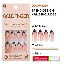 GoldFinger False Nails Kit, Special Glazed Effect, Long Almond Pearl Fade Reflective Glitter Black Tip Design, Long-Lasting Hottest Trend Press on Nails, Convenient & Easy to Apply