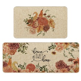 Tikeciti Fall Dahlia Pumpkin Kitchen Mats Set of 2, Sweet Home Floral Kitchen Rugs Autumn Floor Non-Slip Low Profile Mat Seasonal Farmhouse Home Decor 17x29 and 17x47 Inch