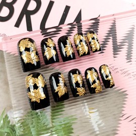 3D Maple Leaf Press on Nails 24Pcs Thanksgiving Press ons Fingernails Autumn Gel Glue on Acrylic Fake Nails Glossy Gold Glitter Medium Square False Nail Fall Leaves Stick on Nail for Holiday Gift