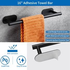 5 Pieces Bathroom Hardware Set, Self Adhesive Matte Black Bathroom Accessories Set Stainless Steel, Including 16" Towel Bar, Toilet Paper Holder, Towel Ring, Towel Hook, Towel Racks for Bathroom
