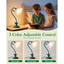 Flower Table Lamp, Cute LED Reading Bedside Night Light, 3 Color Modes Vintage Desk Lamp, Kawaii Aesthetic Decor for Home Bedroom Living Room (Dark Green)