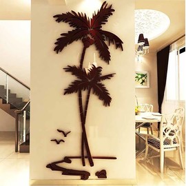 umely Wall Stickers Summer Palm Tree Tropical Stickers 3D Renewal Beach Wallpaper DIY Green Brown (Brown Left 59cmX25in)