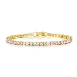 Gemsme 4 Prong Tennis Bracelet, 18K Yellow Gold Plated 3mm Round Cubic Zirconia Bracelet for Women Size 8 Inch