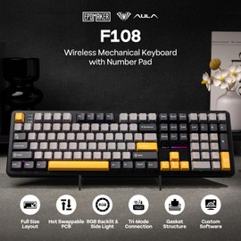 EPOMAKER Aula F108 Full Size Wireless Gaming Keyboard with 4000mAh Battery, 108 Hot-Swappable and Programmable Keys, NKRO, RGB Backlight, for Win/Mac/PC/Android (Grey&Yellow)