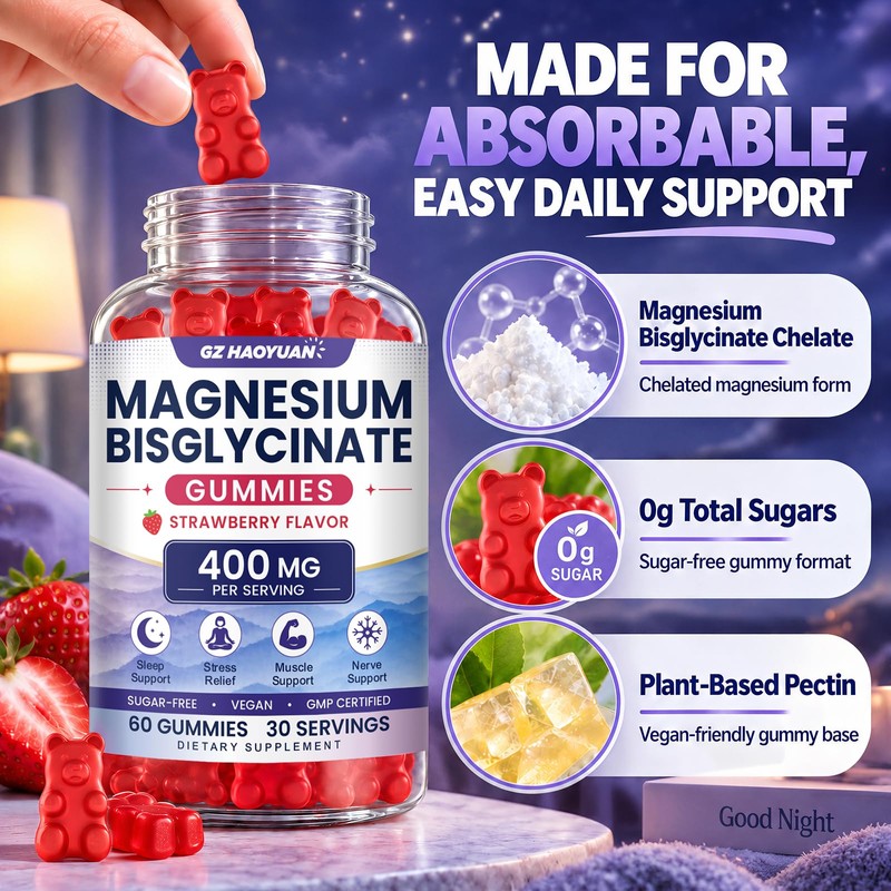 Magnesium Bisglycinate Gummies 400mg, Chelated Magnesium Glycinate Gummies for Adults,