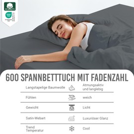 Pizuna Fitted Sheet with 600 Thread Count Anthracite Grey 150 x 200 cm, 100% Long Staple Cotton Fitted Sheet, Mako Satin Fabric Bed Sheet, Ideal for Mattress Sizes 135 x 200 cm, 140 x 200 cm, Mako Satin