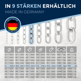 100 cm = 1 metre 6 mm thick stainless steel chain, sold by the metre, V4A link chain, short link in one piece, anchor chain, A4, DIN 56856, metal chain, DIN 766, rustproof safety chain, iron chain, 1