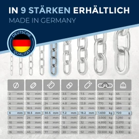 100 cm = 1 metre 6 mm thick stainless steel chain, sold by the metre, V4A link chain, short link in one piece, anchor chain, A4, DIN 56856, metal chain, DIN 766, rustproof safety chain, iron chain, 1