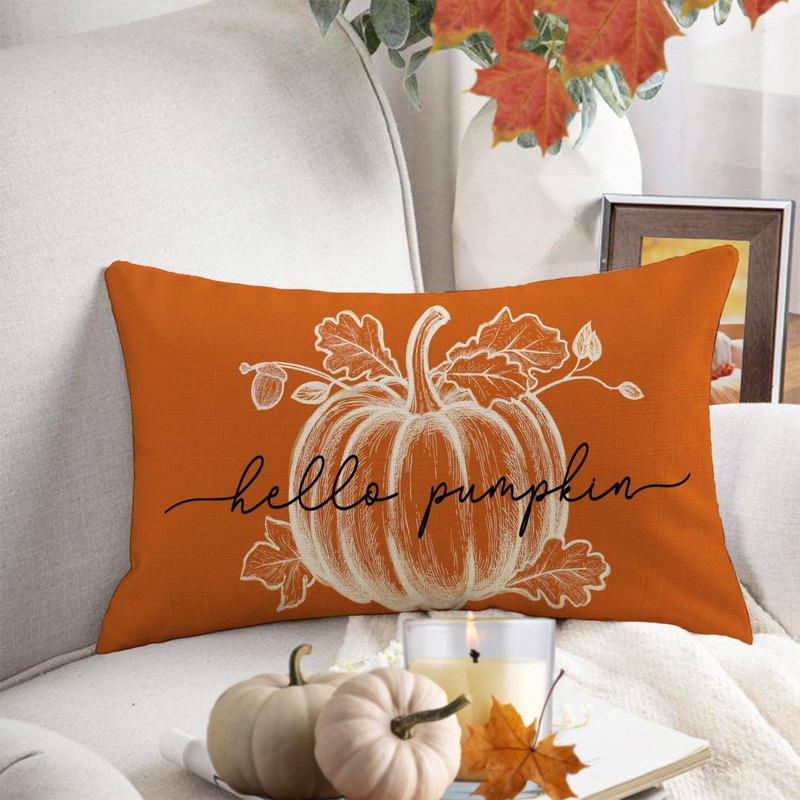 Fjfz Fall Hello Pumpkin Lumbar Decorative Throw Pillow Cover 12