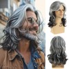Baruisi Long Wavy Grey Wigs for Men Synthetic Layered Wavy