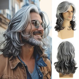 Baruisi Long Wavy Grey Wigs for Men Synthetic Layered Wavy Cosplay Party Wig