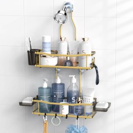 Aitatty Hanging Shower Caddy Bathroom Organizer: Rustproof Shower Shelf Racks Over Shower Head - No Drilling Inside Bath Shower Rack Shelves Over Showerhead for Shampoo with Soap Holder Gold