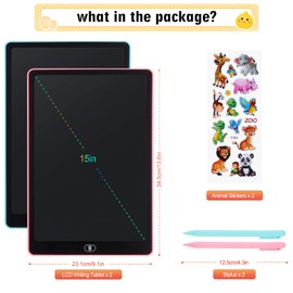 Damcyer 2 Pack 15 Inch LCD Writing Board Children, LCD Magic Board with Animal Stickers, Reusable Drawing Tablet for Children and Adults, Birthday Gifts, Toy, Blue + Pink