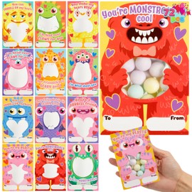 JOYIN 72 Pcs Valentines Day Gifts Cards of Monster Designs with Bags, Valentine’s Hollow Greeting Cards Candy Holder Cards for Kids, Classroom Exchange Cards Party Favors(Candy Not Included)