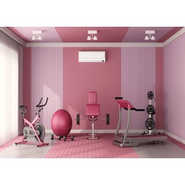Loccor 7x5ft Fabric Pink Gym Room Backdrop Interior Stationary Bike and Weight Machines,Yoga Ball Fitness Equipment Background for Women Physical Exercise Video Shooting Portrait Photo Props