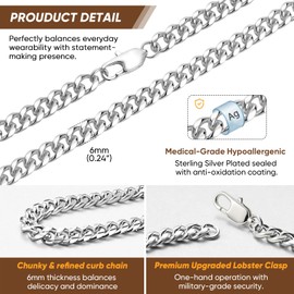 VNOX Sterling Silver Plated Necklace for Men - Mens Women Sterling Silver Plated Chain Solid 6mm Diamond Cut Curb Cuban Link Chains,18 Inch,Jewelry Gifts for Men