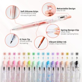 HANKU Glitter Pens, 8 Colors Glitter Gel Pens, 0.7mm Fine Tip Retractable Colored Sparkle Pens for Adults Journaling Coloring