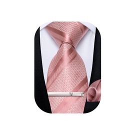 DiBanGu Striped Necktie, Handkerchief, and Tie Clip Set; Washable; School Entrance Ceremonies; Business; After-Parties, pink striped