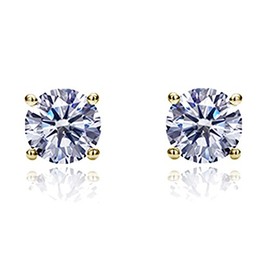 14K Yellow Gold Round Cubic Zirconia Basket Setting Solitaire Stud Earrings - 6MM