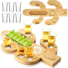 Funnymoom Mexican Tequila Shot Board with Glasses Set Fiesta Wooden Serving Tray with 6 Shot Glasses and Salt Lemon Rim Mexican Tequila Gifts for Cinco De Mayo Holiday Liquor Party(Cactus)