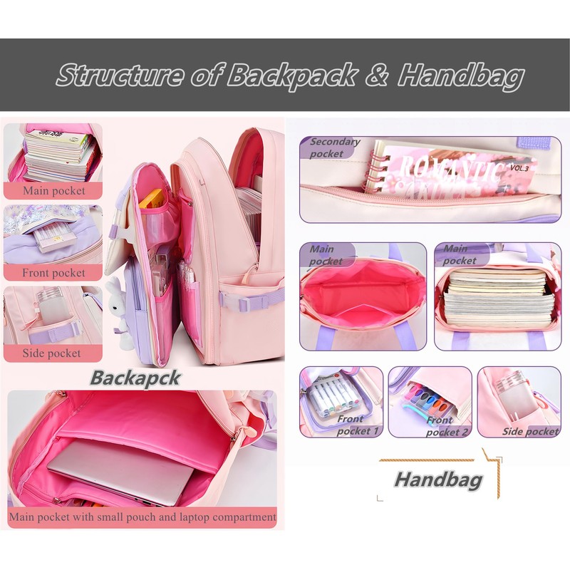 2Pcs Kawaii Bunny Primary Girls Backpacks Elementary School Bags Bookbags