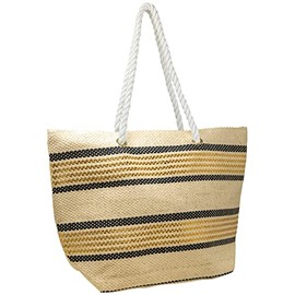 Funky Junque Women's Hello Summer Beach Tote Bag, Paper Straw Handbag with Waterproof Lining and Rope Handles - Stripes - White/Navy/Gold