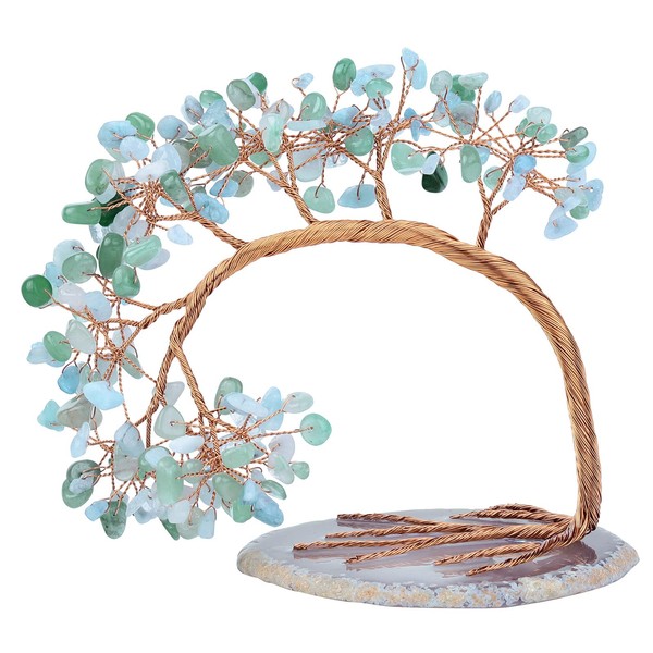 rockcloud Handmade 4.5-5.2'' Crystal Money Tree with Agate Slice Base Tumbled Stones Feng Shui Bonsai Home Office Decor for Luck and Wealth, Green Aventurine and Aquamarine