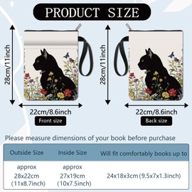 craspire Black Book Covers with Cat Motif, Flowers, Book Protection, Animal Book Cover for Paperbooks, Washable Book Cover Made of Fabric, with Zip and Additional Sleeve Pocket for Book Lovers
