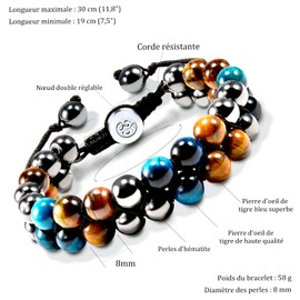 VGWON Men's Triple Protection Bracelet 8mm Black Blue Hematite Natural Stone Bead Tiger Eye Bracelet Healing Bracelet Gift for Men, Stainless Steel