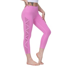 romansong Women's Mesh Tummy Control Butt Lifting Leggings Skinny High Waist Running Yoga Leggings Capri with Pocket(Pink,Medium)