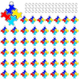 Hicarer 48 Pieces Autism Charms Pendants with 48 Pieces Semi-opening Rings for Puzzle Jewellery Key Chain Necklace Bracelet Earring Crafts Making Supplies