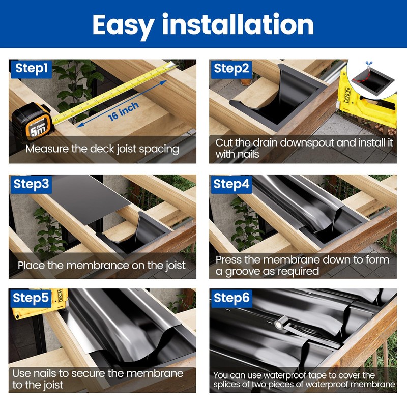 Muzata 1PCS 50FT Black Under Deck Drainage System Trough HDPE