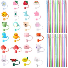 48 Stück wiederverwendbare Strohhalmabdeckungen und Strohhalme, Plastik Trinkhalm mit Silikon Strohhalmspitzen Abdeckungen Strohdeckel Staubgeschützter Strohhalm Topper Stopfen für 6-8mm Strohhalm