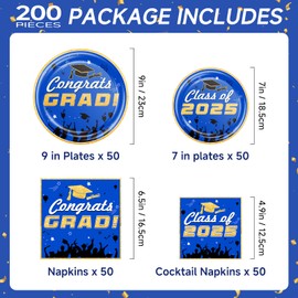 Graduation Party Supplies Dinnerware Set - 200 Pcs Blue Graduation Plates and Napkins Disposable Dinnerware Set for Congrats Grad Party Decorations, Serve 50