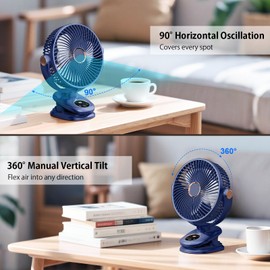 iNeibo 10000mah Auto-Rotating Oscillating Clip on Fan,8 Inch Portable Rechargeable Battery Operated Desk Fans | 5 Speeds Digital Display 40 Hours Work Time Quiet USB Table Fan