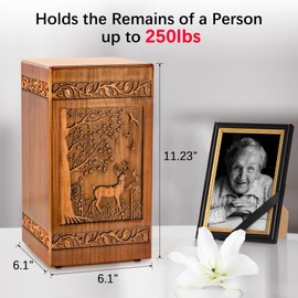 Handmade Wooden Urn for Human Ashes, Urns for Adults Male Female 250 lbs, Engraved Burial Cremation Urns for Ashes Men Women(Deer)