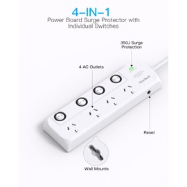 One Beat Power Board Surge Protector with Individual Switch,Power Strip with 4 AC Outlets, 1.2M Extension Cord 350 Joules Powerboard,Extension Board Wall Mount for Home,Dorm Room and Office