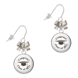 Delight Jewelry Silvertone Domed Class of 2023 Silvertone Bow French Earrings