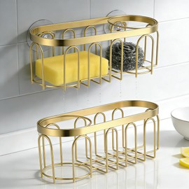 2Pcs Sponge Holder for Kitchen Sink, Gold Suction Cup Caddy, No-Drilling & Easy to Remove, 304 Stainless Steel, Heat-Resistant Sponge and Brush Holder, Bathroom Safe, Fit for Sponge/Soap/Dish Cloth