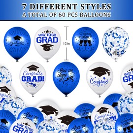 Whaline 60Pcs Graduation Party Balloon Set 7 Designs Blue White Confetti Latex Balloon with 2 Rolls Blue Ribbon Grad Cap Congrats Grad Balloon for Graduation Party Decoration Supplies