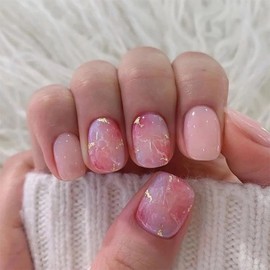 Nail Tip, Short, 24 Pieces, False Nails, Pink, Gold Foil, Popular, Japanese Style, Cute, Nail Tip, Simple, Fashionable Party, Autumn, Spring, Summer, Daily Life, Bridal Nail Tip, Coming of Age