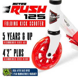 Rush 125 Kids Folding Kick Scooter – Light-Up 125mm Wheels, Adjustable Handlebar, Carbon Steel Frame – Ages 5+ – Madd Gear (White/Red)