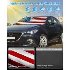 American Flag Car Windshield Sun Shade Compatible with Mazda 3 Hatchback Sedan 2019-2024 2025 - Foldable Reflective USA Patriotic Window Sunshade for UV Protection & Heat Reduction