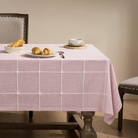 ZeeMart Grid Embroidered Hemmed Tablecloths, Pink 52x70 Inch, Farmhouse Style Heavy Weight Cotton Linen Pink Tablecloths, Boho Plaid Water Resistant Rectangle Table Cloth