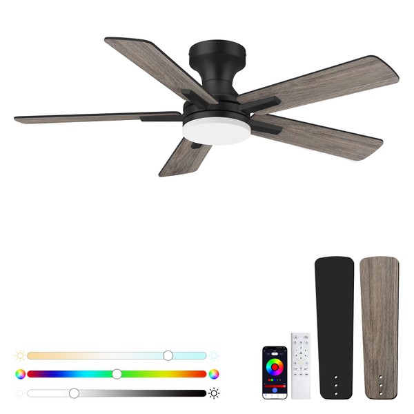 42 Inch Flush Mount Ceiling Fan with Lights,RGB & Dimmable