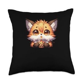 Big Eyes Anime Fox Bubble Tea Gift Kawaii Bubble Fox Funny Boba Tea Throw Pillow, 18x18, Multicolor