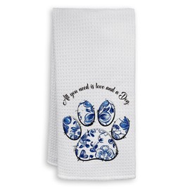 HIWX Dog Kitchen Towels, Blue Chinoiserie Floral Puppy Paws Decorative Kitchen Dish Towels, Dog Lovers Mom Owners Gifts for Women Men Hand Towels for Bathroom Decor, 16x24 Inches