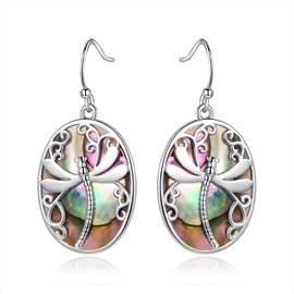 Barzel 18K White Gold Plated Created Abalone Dragonfly Dangling Earrings for Women - Made in Brazil